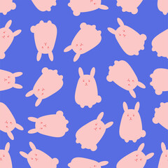 Cute little Bunny on a blue background. Seamless rabbit pattern. Cute rabbit vector design for fabric and textile.