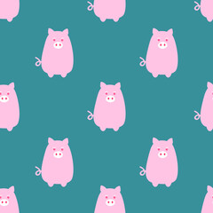 Flat cute pigs collection. Seamless pattern of piggy isolated on blue background. Cartoon vector illustration for childish decoration clothes, patterns, stickers, cards, fabric, textile