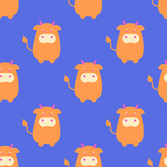 Seamless pattern with cartoon cows, decor elements on a neutral background. Flat colorful vector for kids. hand drawing. animals. baby design for fabric, textile, wrapper, print.