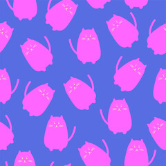 Animal Seamless Pattern of Cute Cartoon Cat Design on Blue Background. Vector Illustration Doodle Style .