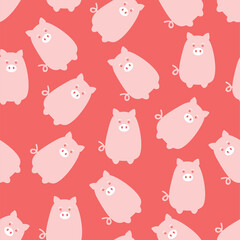 Cute flat pigs collection. Seamless pattern of piggy isolated on red background. Cartoon vector illustration for childish decoration clothes, patterns, stickers, cards, fabric, textile
