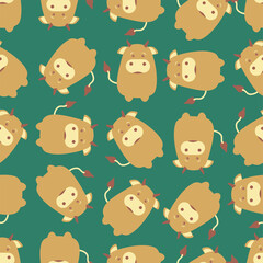 Seamless pattern with cartoon cows, decor elements on a neutral background. Flat colorful vector...