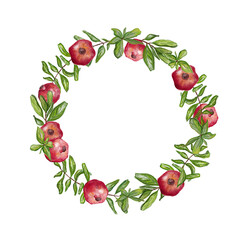 Watercolor wreath with pomegranate fruits and pomegranate leaves. Hand drawn illustration isolated on white background.