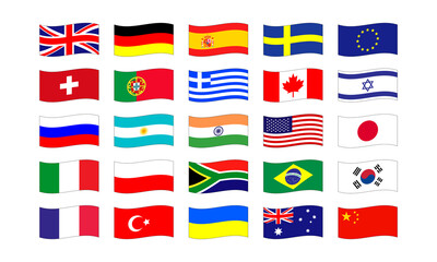 Set of waving popular country flags isolated on white background. Vector EPS 10