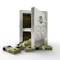Bundles of Vanuatu vatu in Steel safe box. 3D rendering of stacks of money inside metallic vault isolated on white background, Financial protection concept, financial safety.