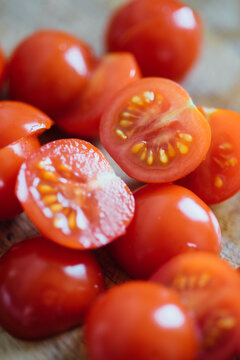 Juicy Cherry Tomato Slices In The Kitchen.