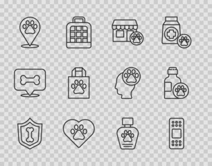 Set line Animal health insurance, Bandage plaster, Veterinary hospital, Heart with animals footprint, Location veterinary, Shopping bag pet, Pet shampoo and icon. Vector
