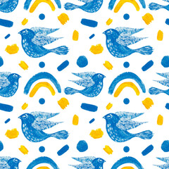 Watercolor seamless pattern with abstract birds and elements in Ukrainian colors on white background.