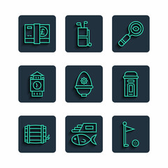 Set line Wooden barrel, Fish and chips, Golf flag, Magnifying glass, British police helmet, Big Ben tower, Pound sterling money and London phone booth icon. Vector