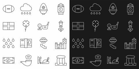 Set line Stonehenge, Big Ben tower, Vintage street light, British police helmet, Four leaf clover, Flag of England, Rugby ball and Golf club with tee icon. Vector