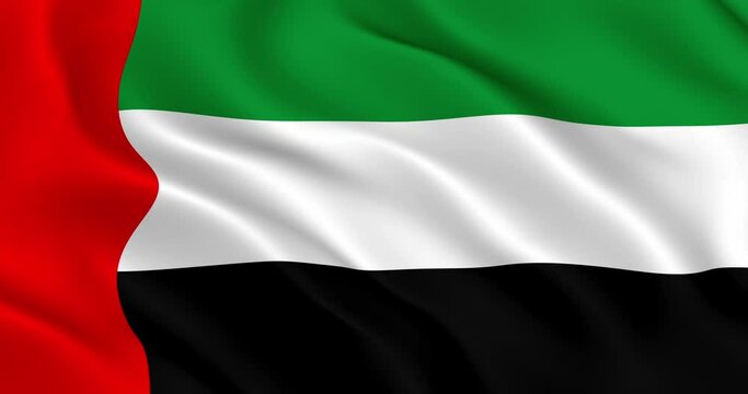 UAE flag smooth wavy animation. The official state flag of the United Arab Emirates flutters in the wind. The loop is ready, 60 fps. Beautifully slows down 2 times at 30 fps. 3D render