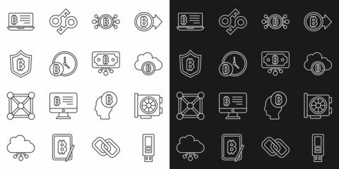 Set line USB flash drive, Video graphic card, Cryptocurrency cloud mining, Bitcoin circuit, with clock, Shield bitcoin, Mining from laptop and icon. Vector