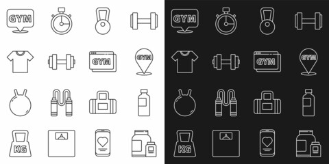 Obraz na płótnie Canvas Set line Sports nutrition, Fitness shaker, Location gym, Kettlebell, Dumbbell, T-shirt, and Online fitness and training icon. Vector