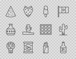 Set line Mexican skull, Tequila bottle, Popsicle ice cream, Beans in, Nachos, Cactus, Burrito and icon. Vector