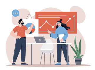 Project presentation concept. Man and girl in office on background of graphs and diagrams. Analytical department works with information, prepares for public speech. Cartoon flat vector illustration