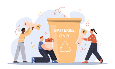 Used batteries recycling. Men and girl carry batteries to basket, reducing harm from waste and release of harmful substances. Responsible society takes care of planet. Cartoon flat vector illustration