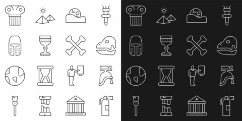 Set line Fire extinguisher, Roman army helmet, Dinosaur skull, Human, Medieval goblet, iron, Ancient column and Crossed human bones icon. Vector