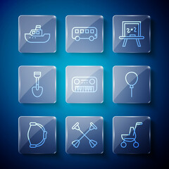 Set line Bow toy, Arrow with sucker tip, Baby stroller, Chalkboard, Toy piano, Shovel, boat and Balloons ribbon icon. Vector