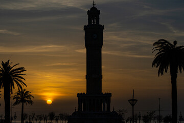 Clock Tower in the Sunset Drone Photo, Konak Square Izmir Turkey