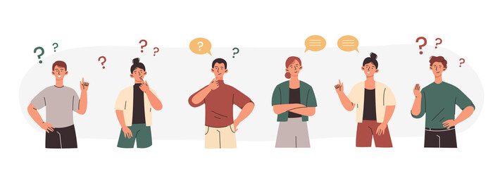 Set of thoughtful people. Collection of characters with questions, men and girls think about solving problem. Social media stickers. Cartoon flat vector illustrations isolated on white background