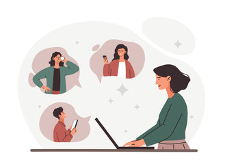 Virtual meetings concept. Young hirl at laptop communicates with friends or colleagues. Remote employees and partners. Modern technologies and video conference. Cartoon flat vector illustration