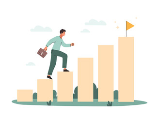 Way to goal. Man with briefcase rises to flag on increasing columns, metaphor for business or company development. Motivational poster or banner for website. Cartoon flat vector illustration