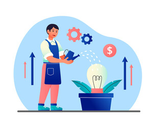 Concept light bulb. Man grows idea, entrepreneur creates start up. Financial literacy and formation of passive income. Responsible and hardworking character. Cartoon flat vector illustration