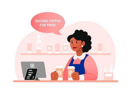 Woman in coffeehouse. Girl holding two mugs of coffee or tea, character behind bar. Service staff or owner of catering point. Comfort and coziness, professional. Cartoon flat vector illustration