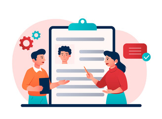 Human recources concept. Man and woman discussing candidate for vacancy. Employees of HR department check resume. Staff expansion and organization recruitment. Cartoon flat vector illustration