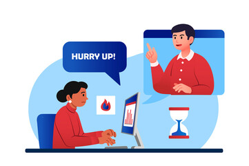 Hurry up concept. Young girl under supervision of man trying to meet deadline, motivational poster or banner. Employee, worker trying to turn in project on time. Cartoon flat vector illustration