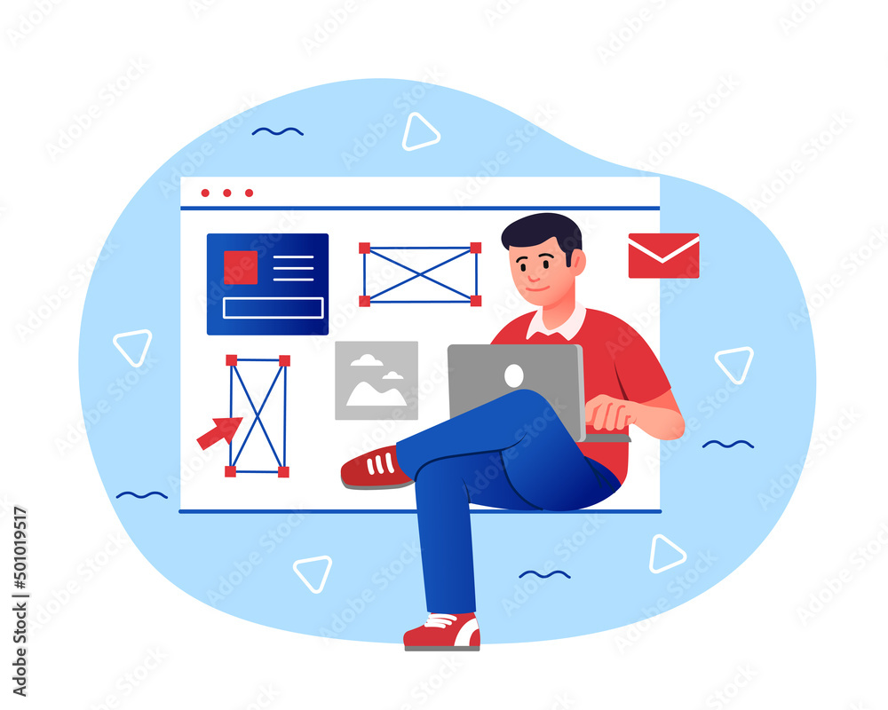 Poster programmer with laptop. man writes code for website or page, employee or freelancer developing progr