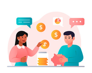 Family save money. Young guy and girl puts coins in piggy bank. Financial literacy and formation of savings and budget. Couple creates sources of passive income. Cartoon flat vector illustration