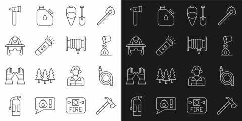 Set line Firefighter axe, hose reel, Bucket extinguishing fire, shovel and bucket, Flashlight, helmet, and icon. Vector