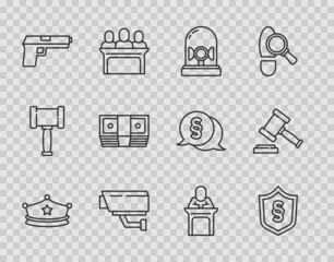 Set line Police cap with cockade, Justice law in shield, Flasher siren, Security camera, Pistol or gun, Bribe money cash, Judge and gavel icon. Vector