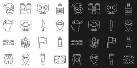 Set line Pirate treasure map, Lighthouse, Location pirate, captain, Skull and sword icon. Vector
