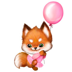 Fototapeta na wymiar Cartoon fox girl with pink balloon, baby digital print, red foxy