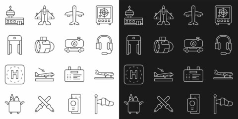Set line Cone meteorology windsock, Plane, Headphones with microphone, Jet engine turbine, Metal detector airport, Airport control tower and Fuel tanker truck icon. Vector - obrazy, fototapety, plakaty