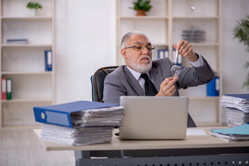 Fototapeta premium Old male employee in happy idea concept