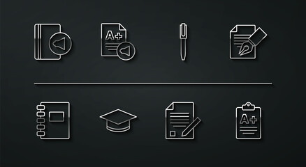 Set line Audio book, Spiral notebook, Exam sheet and pencil, Graduation cap, with plus grade, and Pen icon. Vector