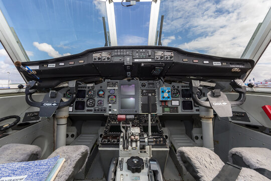 Avalon, Australia - February 28, 2013: Cockpit of Casa C-212 twin engine transport aircraft VH-VHB operated by Sky Traders.
