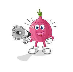 red onion holding hand loudspeakers vector. cartoon character