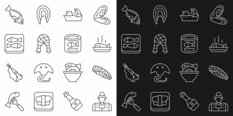 Set line Fisherman, steak, Served fish on plate, Fishing boat, Canned, and icon. Vector