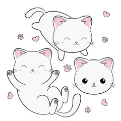 Zestaw słodkich białych szczęśliwych kotków. Kot w stylu kawaii. Ilustracja wektorowa na białym tle.