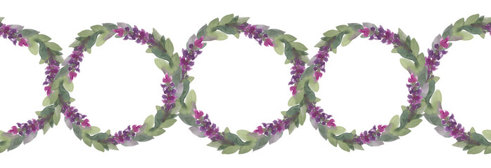 Seamless border watercolor circle frame border template for design. Abstract branch with flower lavender or lilac and leaves on white background. Hand-drawn summer plant. Art for wedding invitation