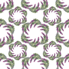 Seamless pattern watercolor circle frame border template for design. Abstract branch with flower lavender or lilac and leaves on white background. Hand-drawn summer plant. Art for wedding invitation