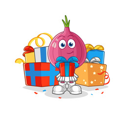 red onion give gifts mascot. cartoon vector