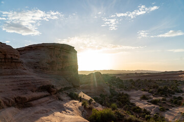 Sunset at Arches National Park over the mountain that leads to the Delicate Arch