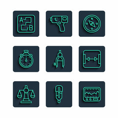 Set line Scales of justice, Medical thermometer, Measuring instrument, Compass, Drawing compass, Stopwatch, Route location and Area measurement icon. Vector