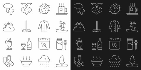 Set line Tree, Jar of honey and dipper stick, Bare tree, Chestnut, Garden rake, Sun cloud weather, Mushroom and Raincoat icon. Vector