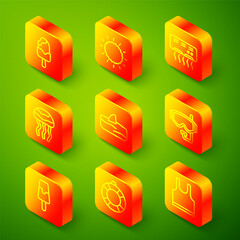 Set line Ice cream, Sun, Air conditioner, Jellyfish, Shark fin in ocean wave, Diving mask, and Lifebuoy icon. Vector
